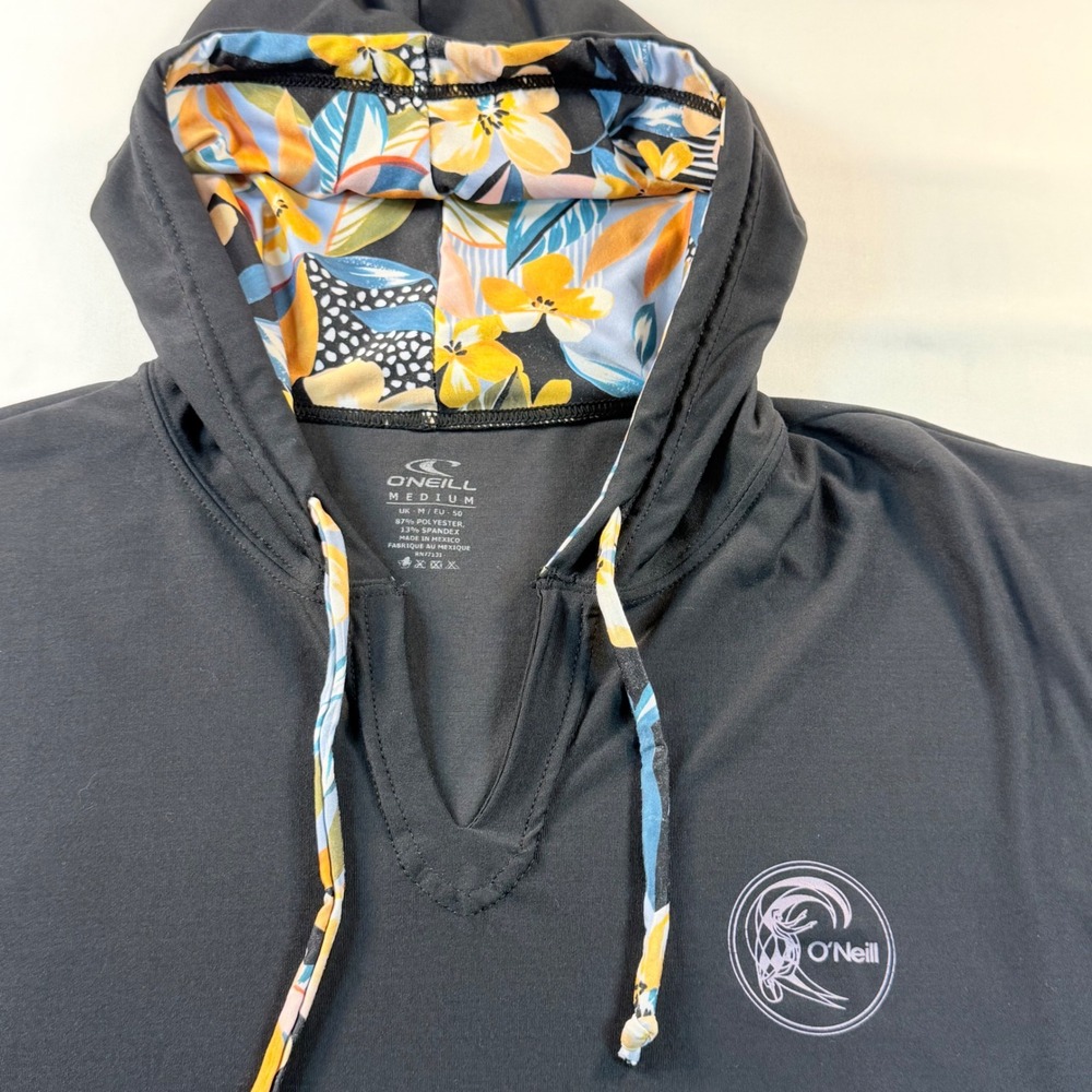 O'Neill Rash Guard Hoodie Women Medium Black Floral Sun Shirt Long Sleeve Surf